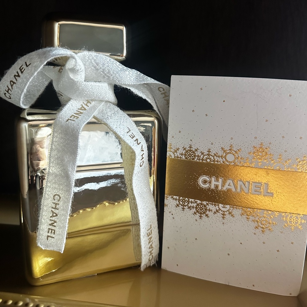 Collectible ceramic Gold  Perfume bottle decor with Chanel greeting card- NEW